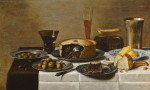 ₴ Репродукция натюрморт от 199 грн.: Мясной пирог, хлеб, масло, сыр и оливки со стеклянной посудой