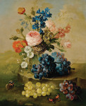₴ Репродукция натюрморт от 349 грн.: Цветы в стеклянной вазе с виноградом лежащем на каменном выступе в пейзаже
