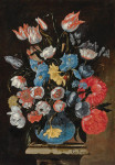 ₴ Картина натюрморт художника от 274 грн.: Анемоны, тюльпаны и другие цветы в стеклянной вазе