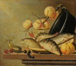 ₴ Картина натюрморт художника от 230 грн.: Рыба в дуршлаге, персики, ведро, ягоды и огурцы