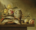 ₴ Картина натюрморт художника от 225 грн.: Глиняный кувшин, рыба на керамическом дуршлаге, фрукты на деревянном ящике, гусеница и бабочка