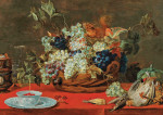 ₴ Репродукція натюрморт від 221 грн.: Кошик фруктів, біло-блакитна ваза з полуницею, білкою та дичиною на драпірованому столі