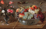 ₴ Репродукція натюрморт від 211 грн.: Натюрморт із фруктів і квітів з трояндами і тюльпанами в скляній вазі та шматочками фруктів у чаші Ван-Лі