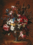 ₴ Репродукция натюрморт от 320 грн.: Гвоздики, розы, лилии и другие цветы в вазе на выступе