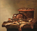 ₴ Картина натюрморт художника от 220 грн.: Рыба, рыболовная корзина и сеть на столешнице