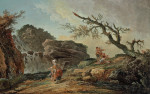 ₴ Репродукция пейзаж от 269 грн.: Скалистый холм с крестьянкой и ребенком у водопада