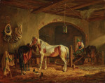 ₴ Картина бытового жанра художника от 215 грн.: Бурый и пегий конь в сарае