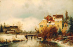 ₴ Картина пейзаж художника от 179 грн.: Фигуры катаются на коньках по замерзшей реке, с домами и мостом в отдалении