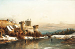 ₴ Картина пейзаж художника от 184 грн.: Фигуры катаются на коньках по замерзшей реке под городскими стенами