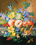 ₴ Картина натюрморт художника от 205 грн.: Цветы, фрукты, две птицы и улитка