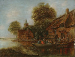 ₴ Репродукция пейзаж от 317 грн.: Деревня у реки с фигурами в лодках