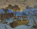 ₴ Картина пейзаж художника от 215 грн.: Зимняя деревня в сумерках