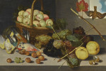 ₴ Купить натюрморт художника от 184 грн.: Натюрморт с корзиной персиков, виноградом, раковины улиток, мушмула и дичь