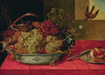 ₴ Купить натюрморт художника от 194 грн.: Натюрморт с виноградом в фарфоровой миске Ван-Ли Краак, булочкой на оловянной тарелке и ножом на драпированном столе с зябликом