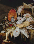 ₴ Картина натюрморт художника от 210 грн.: Кошка и рыбы с медным тазом