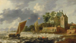 ₴ Картина морской пейзаж художника от 164 грн.: Устье реки с гребными лодками и малыми судами возле укрепленного дома