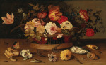 ₴ Репродукція картини натюрморт від 205 грн.: Плетений кошик з квітами і черепашками на камені