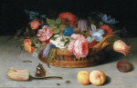 ₴ Репродукция картины натюрморт от 211 грн.: Розы, тюльпаны, ирисы и другие цветы в плетеной корзине, с фруктами и насекомыми на выступе