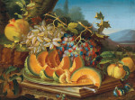 ₴ Картина натюрморт художника от 199 грн.: Виноград, дыня на тарелке, инжир и другие фрукты в пейзаже