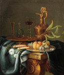 ₴ Картина натюрморт художника от 193 грн.: Изысканный позолоченный кувшин с двумя бокалами вина и графином на позолоченной тарелке с белыми розами, печеньем и серебряным блюдом с фруктами на столе, задрапированном синей тканью