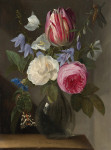 ₴ Картина натюрморт художника от 151 грн.: Розы и тюльпан в стеклянной вазе