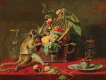 ₴ Репродукція натюрморт від 241 грн.: Мавпа вихоплює фрукти з кошика, на вершині якого сидить папуга