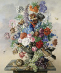 ₴ Картина натюрморт художника от 175 грн.: Цветы в вазе, птичье гнездо, птица и бабочки