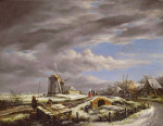 ₴ Картина пейзаж известного художника от 185 грн: Зимний пейзаж с фигурами на тропинке, пешеходным мостиком и ветряными мельницами в отдалении
