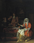 ₴ Картина бытового жанра известного художника от 190 грн.: Интерьер с двумя женщинами и мужчиной, который ест устриц