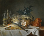₴ Картина натюрморт художницы от 214 грн.: Скумбрии, изделия из стекла, буханка хлеба и лимоны на столе с белой тканью