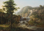 ₴ Репродукция пейзаж от 391 грн.: Горный пейзаж с водопадом, замком и путешественником на коне перед хижиною