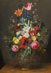 ₴ Картина натюрморт известного художника от 164 грн.: Розы, лилии, тюльпаны и другие цветы в вазе с бабочкой
