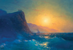 ₴ Купить картину море известного художника от 175 грн.: Вид на крутой скалистый берег и бурное море на закате