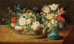 ₴ Репродукція натюрморт від 293 грн.: Квіти в плетеному кошику і квітковий букет в порцеляновій вазі на столі з комахами