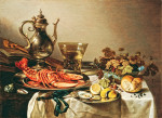 ₴ Картина натюрморт известного художника от 198 грн.: Стол с лобстером, серебряный кувшин, большой беркемейер, ваза с фруктами, скрипка и книги