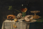 ₴ Картина натюрморт відомого художника від 175 грн.: Натюрморт з кубком наутилуса, Ремер, таззой, м'ясним пирогом і очищеним лимоном на столі