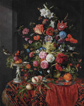 ₴ Картина натюрморт известного художника от 159 грн.: Цветы в стеклянной вазе на драпированном столе, с серебряной таззой, фрукты, насекомые и птицы