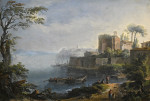 ₴ Картина пейзаж художника от 184 грн.: Итальянский прибрежный пейзаж с руинами над укрепленной стеной, фигуры в лодке и на дороге