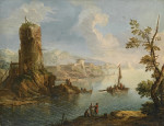 ₴ Картина пейзаж художника от 209 грн.: Гавань с разрушенной часовой башней и фигурами стоящих на скалистом берегу