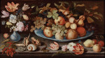 ₴ Репродукція картини натюрморт від 187 грн.: Квіти у вазі Ван-ли, фрукти на блюді Ван-ли і черепашки, квіти і фрукти, розкидані по кам'яному виступу, з метеликами і іншими комахами