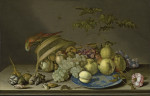 ₴ Репродукция картины натюрморт от 211 грн.: Натюрморт с фруктами на фарфоровой тарелке, попугаем на корзине, ракушками и насекомыми