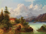 ₴ Картина пейзаж художника от 199 грн.: Альпийский пейзаж с повозкой на озере