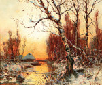 ₴ Репродукція краєвид від 259 грн.: Зимовий пейзаж з березою в вечірньому світлі
