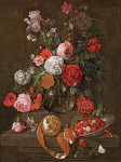 ₴ Картина натюрморт відомого художника від 166 грн.: Троянди, маки, ірис та інші квіти в скляній вазі на кам'яній полиці, з очищеним апельсином і полуницею в страві Ван-Лі