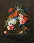 ₴ Картина натюрморт известного художника от 205 грн.: Большой букет цветов в стеклянной вазе на каменном постаменте