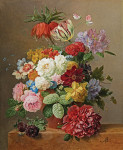 ₴ Репродукция натюрморт от 349 грн.: Натюрморт с розами, пионами, тюльпанами и другими цветами в вазе на мраморном выступе