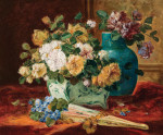 ₴ Картина натюрморт художника от 220 грн.: Богатый цветочный натюрморт с розами в вазе и веером