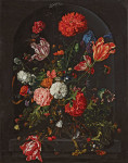 ₴ Картина натюрморт известного художника от 205 грн.: Гвоздики, тюльпаны, розы и другие цветы в стеклянной вазе, с насекомыми в каменной нише