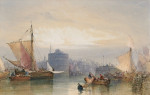 ⚓Картина морской пейзаж художника от 179 грн.: Рыбацкие лодки в ожидании прилива, порт Гавра, восход солнца
