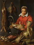₴ Репродукція натюрморт від 252 грн.:Жінка з півнем, дичиною, спаржею, артишоками, посудом та мискою суниці